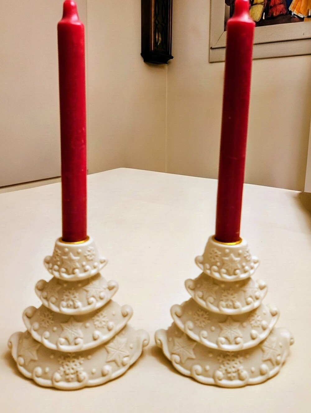 Vintage GIFTCO Porcelain Christmas Tree, Snowflakes & Stars 4.5" Candle Holders